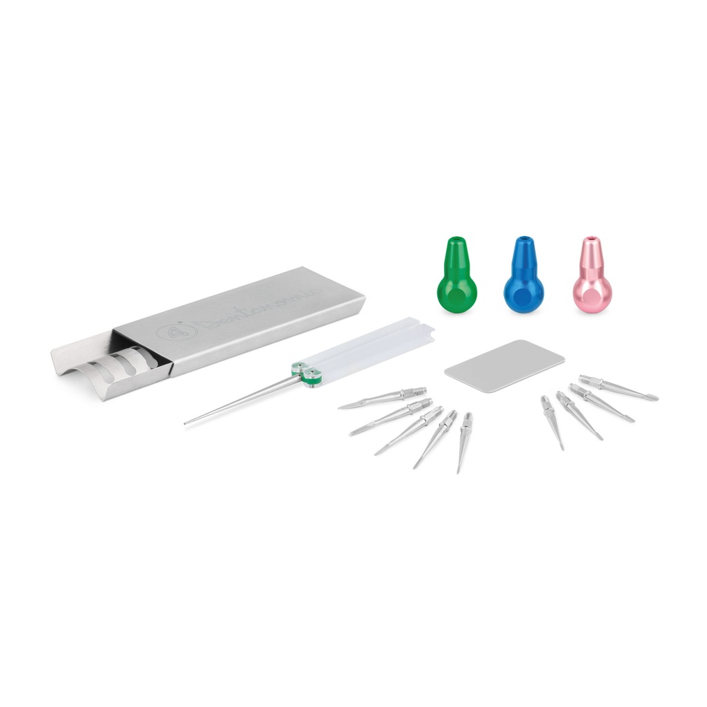 DENTANOMIC set - zilver, bestaande uit 3 handgrepen (groen, blauw en roze) + elevator en luxator messenset (9 stuks) + opbergrekje + slijpset