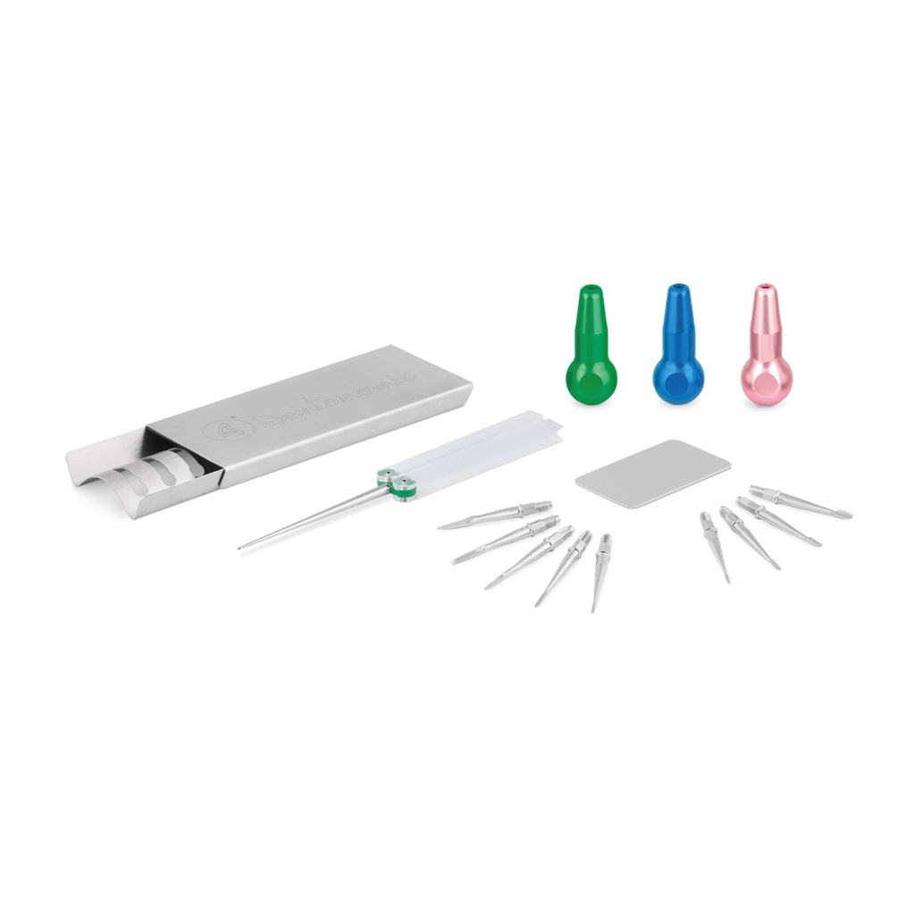 DENTANOMIC set - zilver, bestaande uit 3 lange handgrepen (groen, blauw en roze) + elevator en luxator messenset (9 stuks) + opbergrekje + slijpset