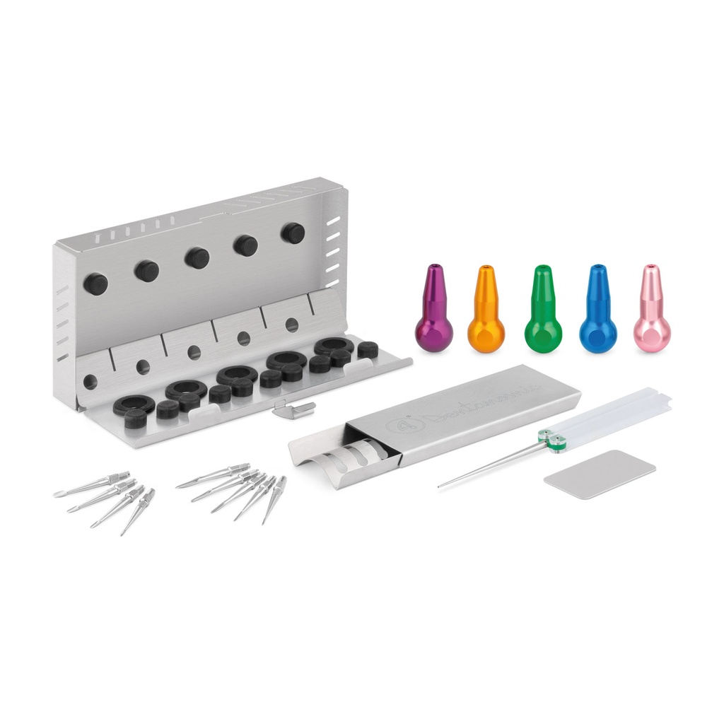 DENTANOMIC set - goud, bestaande uit 5 lange handgrepen (paars, oranje, groen, blauw en roze) + elevator- en luxatormesjesset (9 stuks) + opbergrekje + slijpset + sterilisatiecontainer